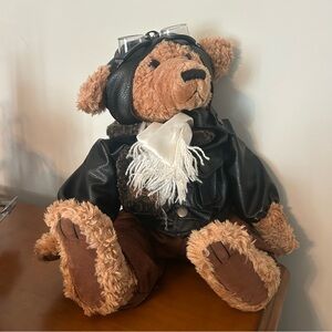 Pilot Teddy Bear with Black Jacket and Brown Fur